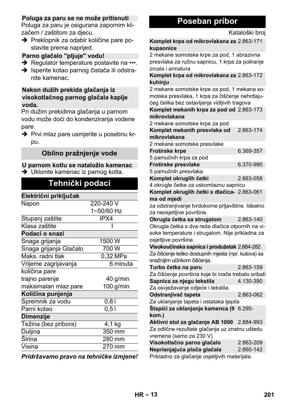 Tehnički podaci, Poseban pribor | Karcher Stirerie SI 2-600 CB User Manual | Page 201 / 286