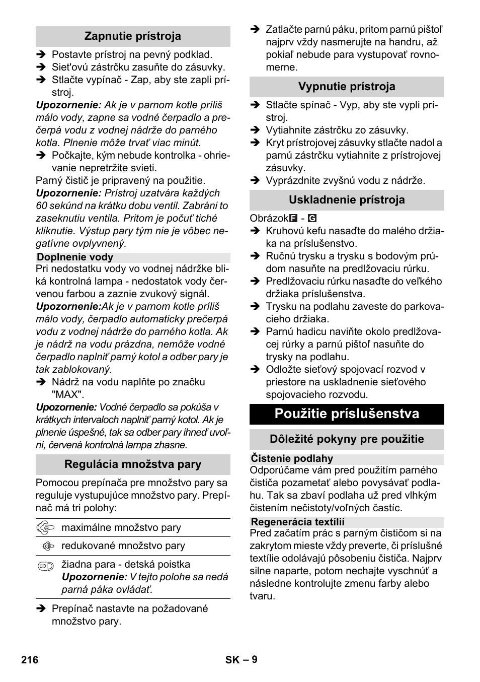 Použitie príslušenstva | Karcher Stirerie SI 2-600 CB User Manual | Page 216 / 286