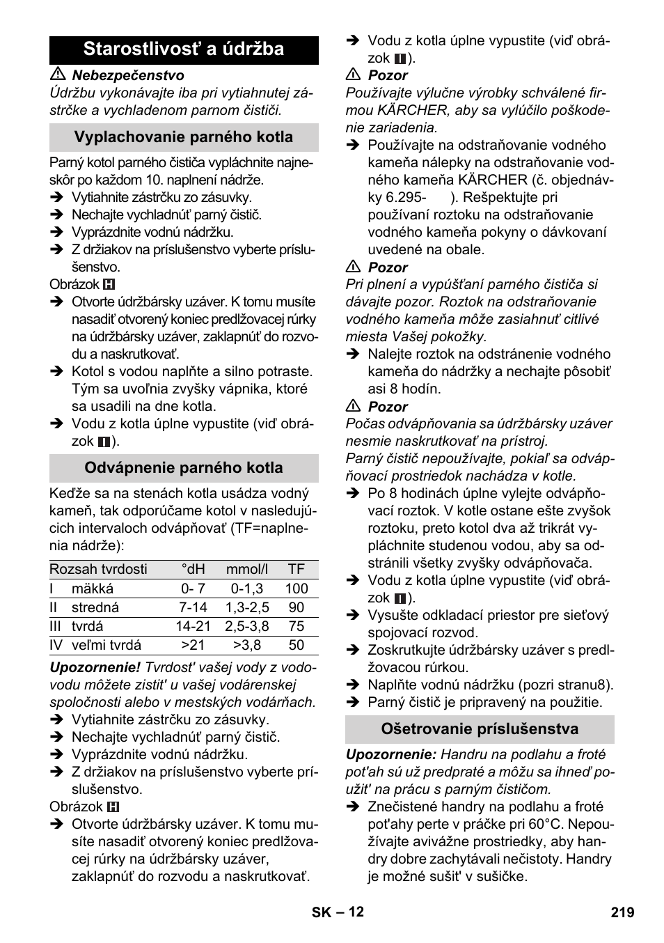 Starostlivosť a údržba | Karcher Stirerie SI 2-600 CB User Manual | Page 219 / 286