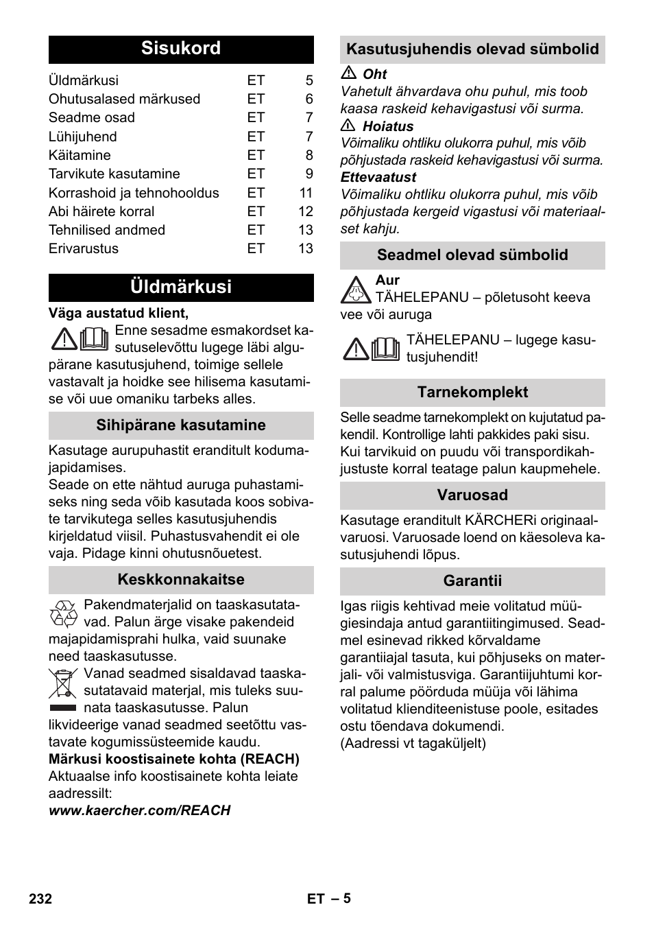 Eesti, Sisukord, Üldmärkusi | Karcher Stirerie SI 2-600 CB User Manual | Page 232 / 286