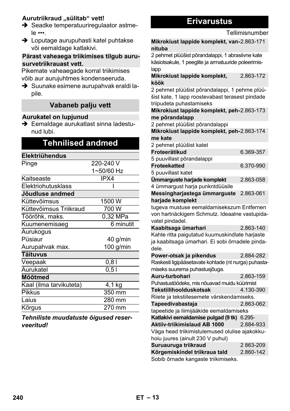 Tehnilised andmed, Erivarustus | Karcher Stirerie SI 2-600 CB User Manual | Page 240 / 286
