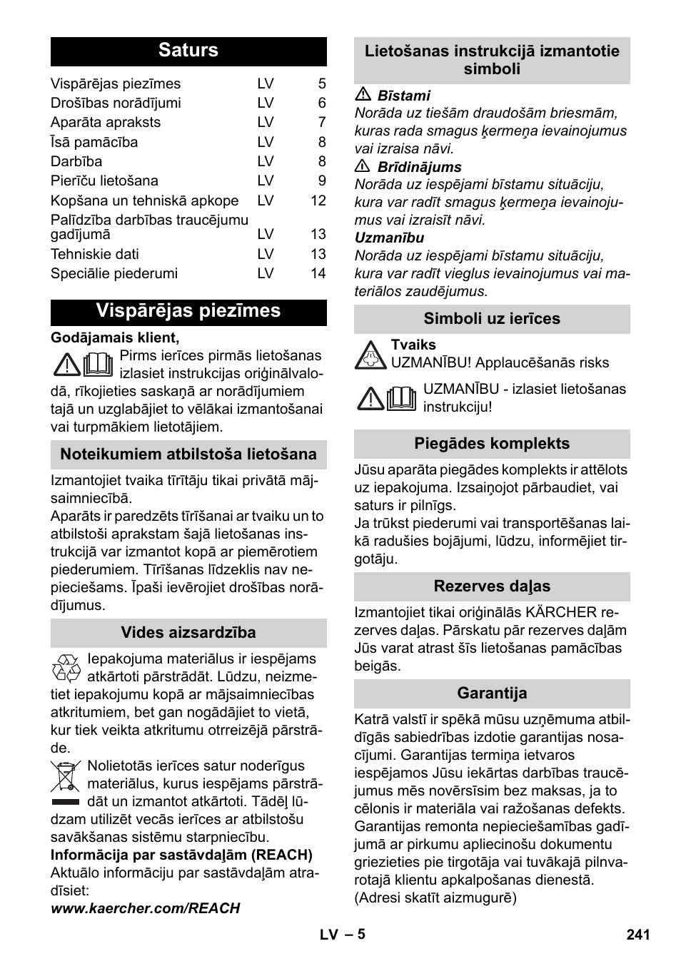 Latviešu, Saturs, Vispārējas piezīmes | Karcher Stirerie SI 2-600 CB User Manual | Page 241 / 286