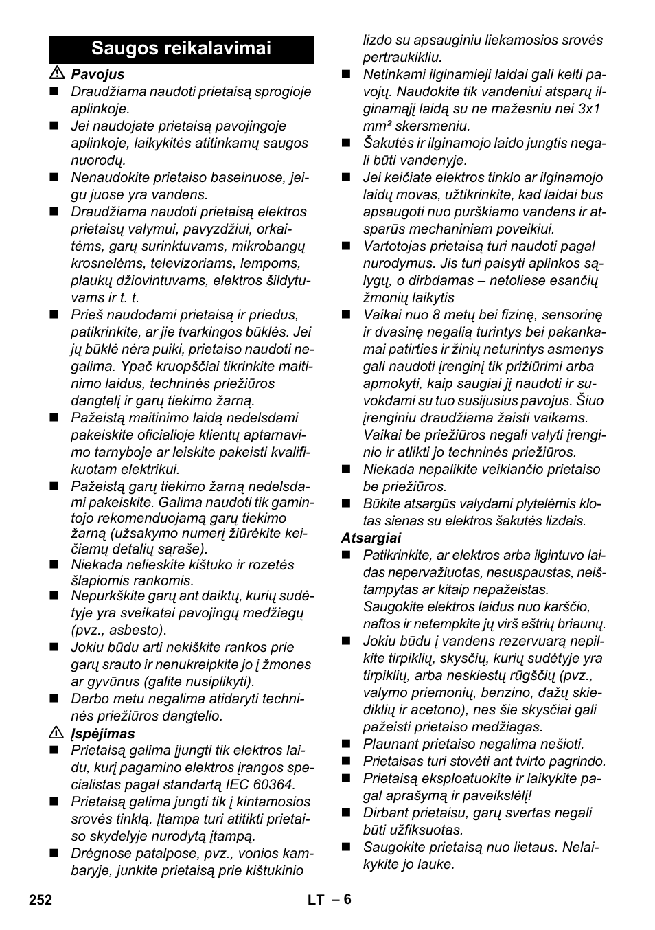 Saugos reikalavimai | Karcher Stirerie SI 2-600 CB User Manual | Page 252 / 286