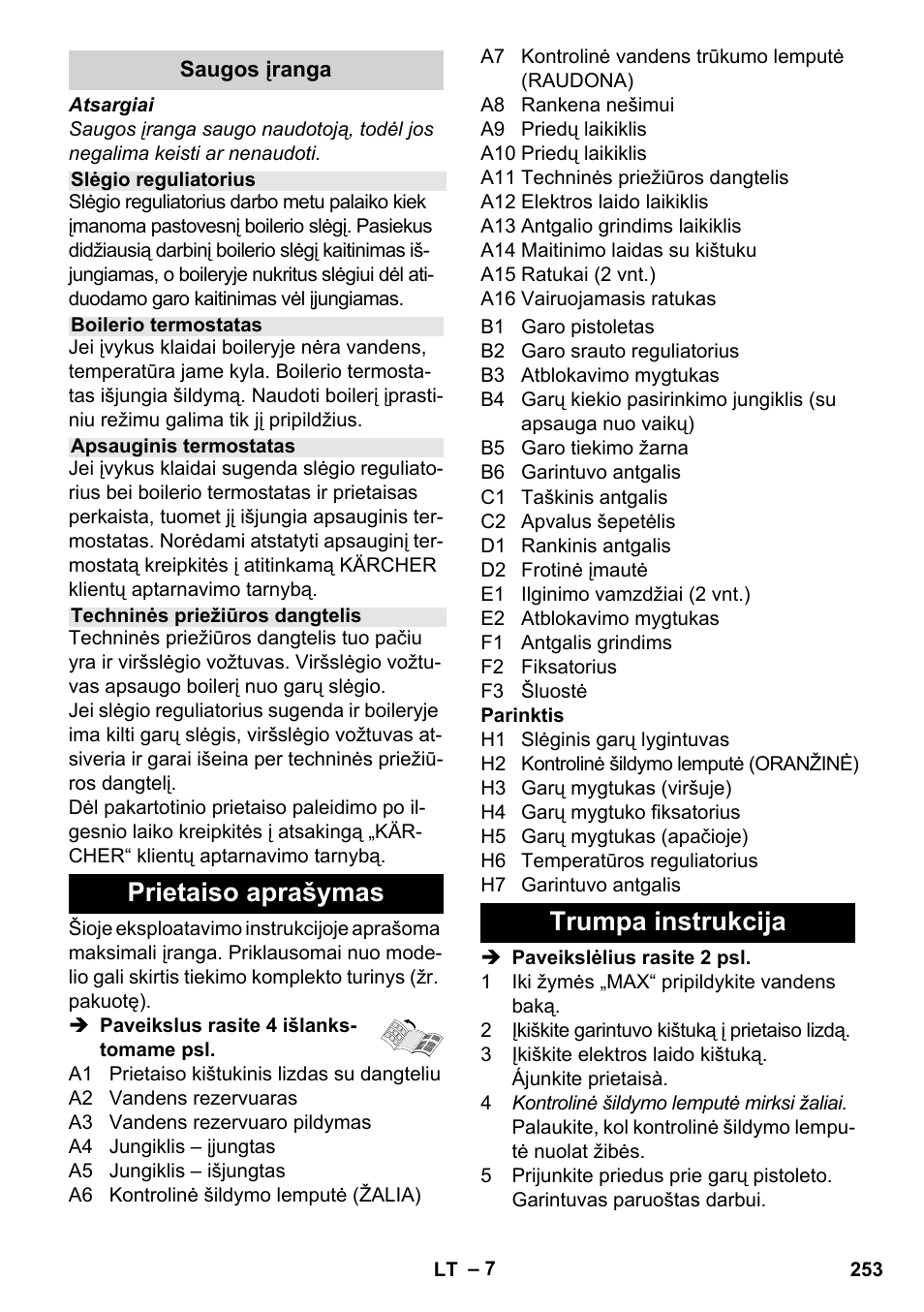 Prietaiso aprašymas, Trumpa instrukcija | Karcher Stirerie SI 2-600 CB User Manual | Page 253 / 286