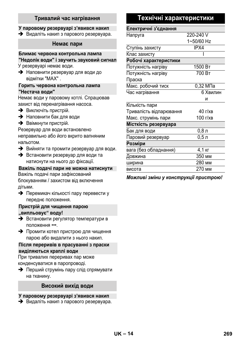 Технічні характеристики | Karcher Stirerie SI 2-600 CB User Manual | Page 269 / 286