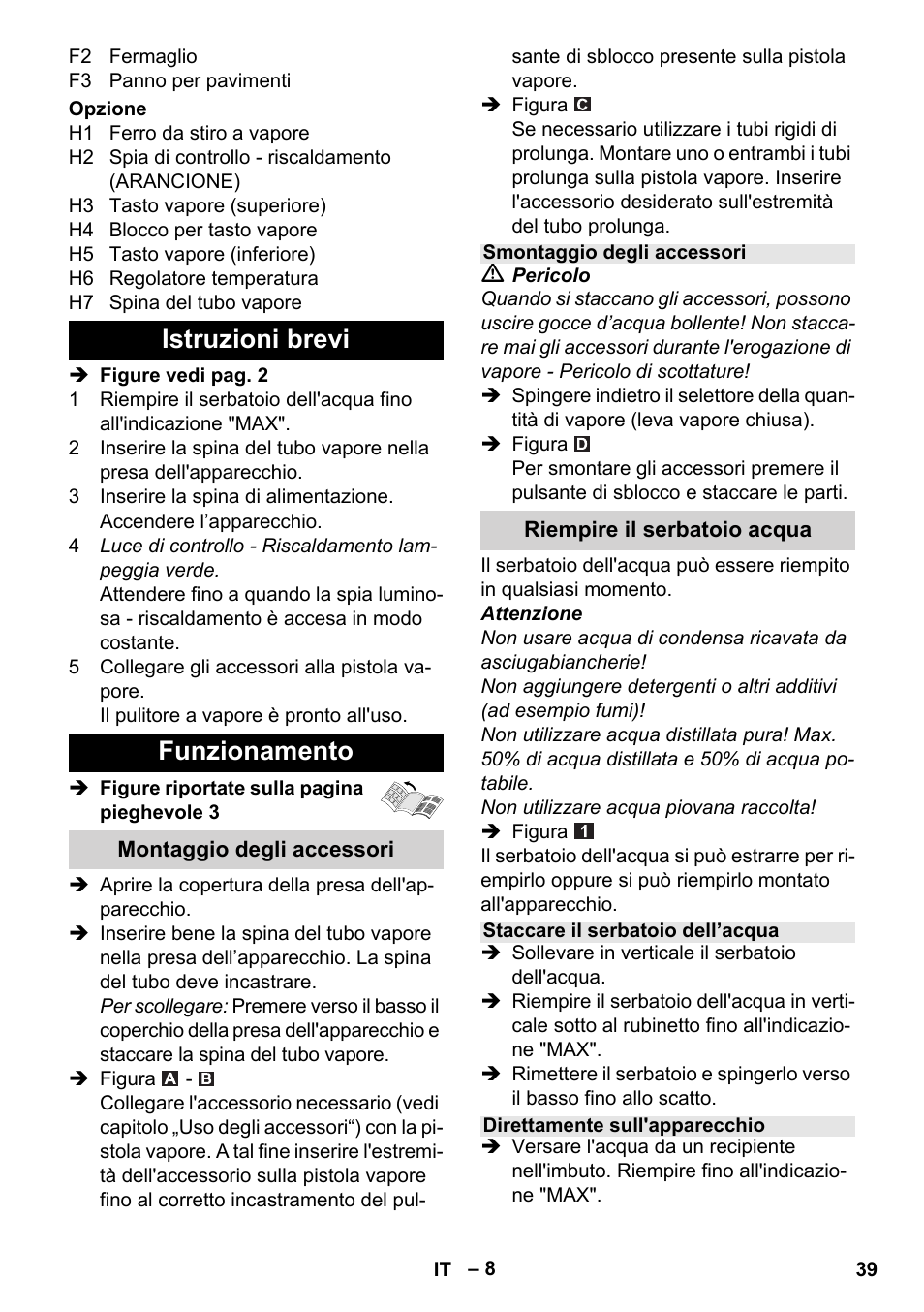 Istruzioni brevi funzionamento | Karcher Stirerie SI 2-600 CB User Manual | Page 39 / 286
