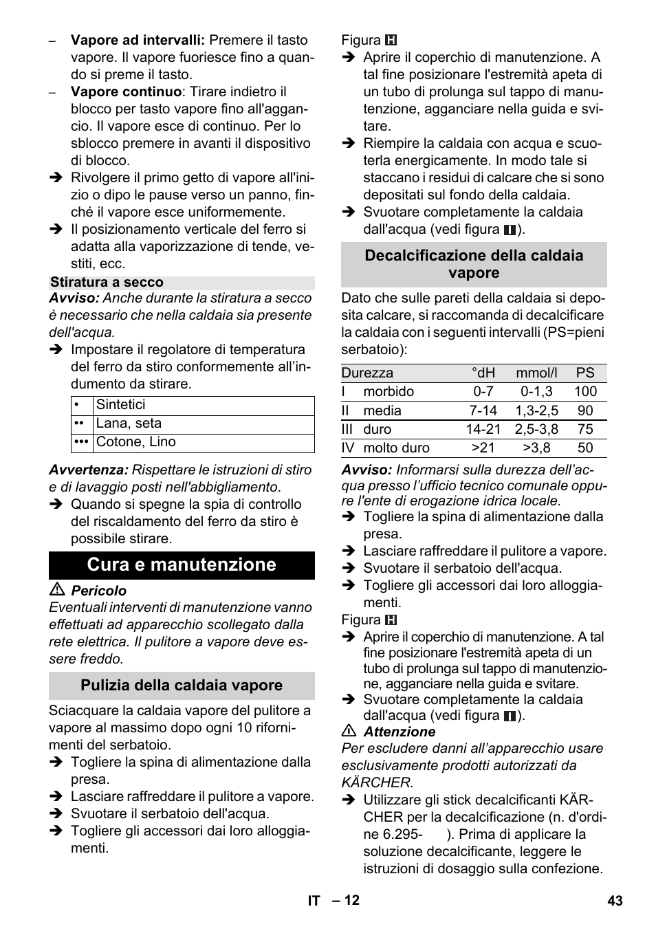 Cura e manutenzione | Karcher Stirerie SI 2-600 CB User Manual | Page 43 / 286