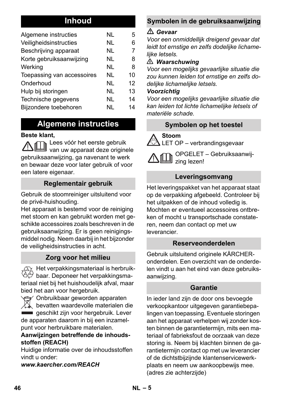 Nederlands, Inhoud, Algemene instructies | Karcher Stirerie SI 2-600 CB User Manual | Page 46 / 286
