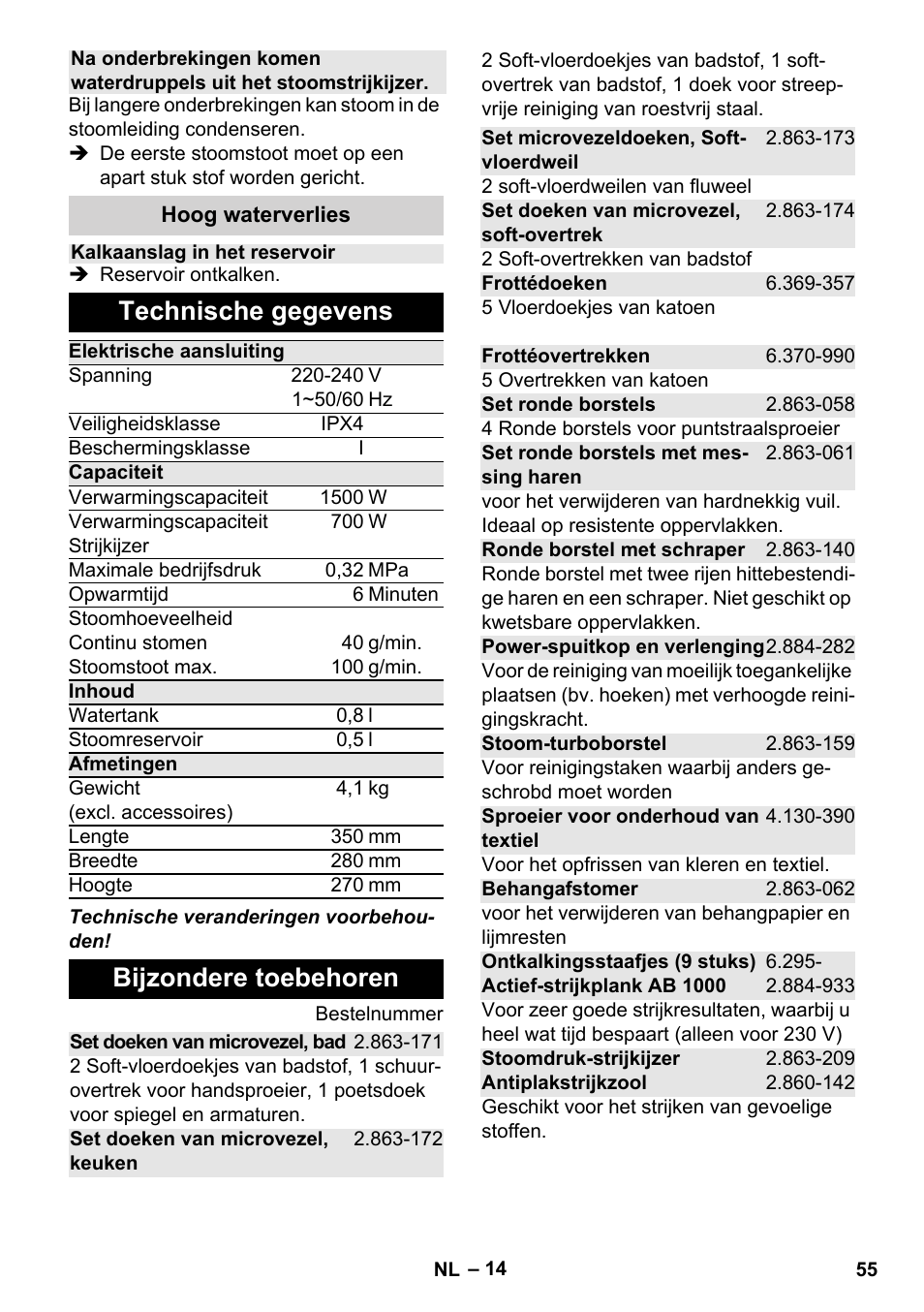 Technische gegevens, Bijzondere toebehoren | Karcher Stirerie SI 2-600 CB User Manual | Page 55 / 286