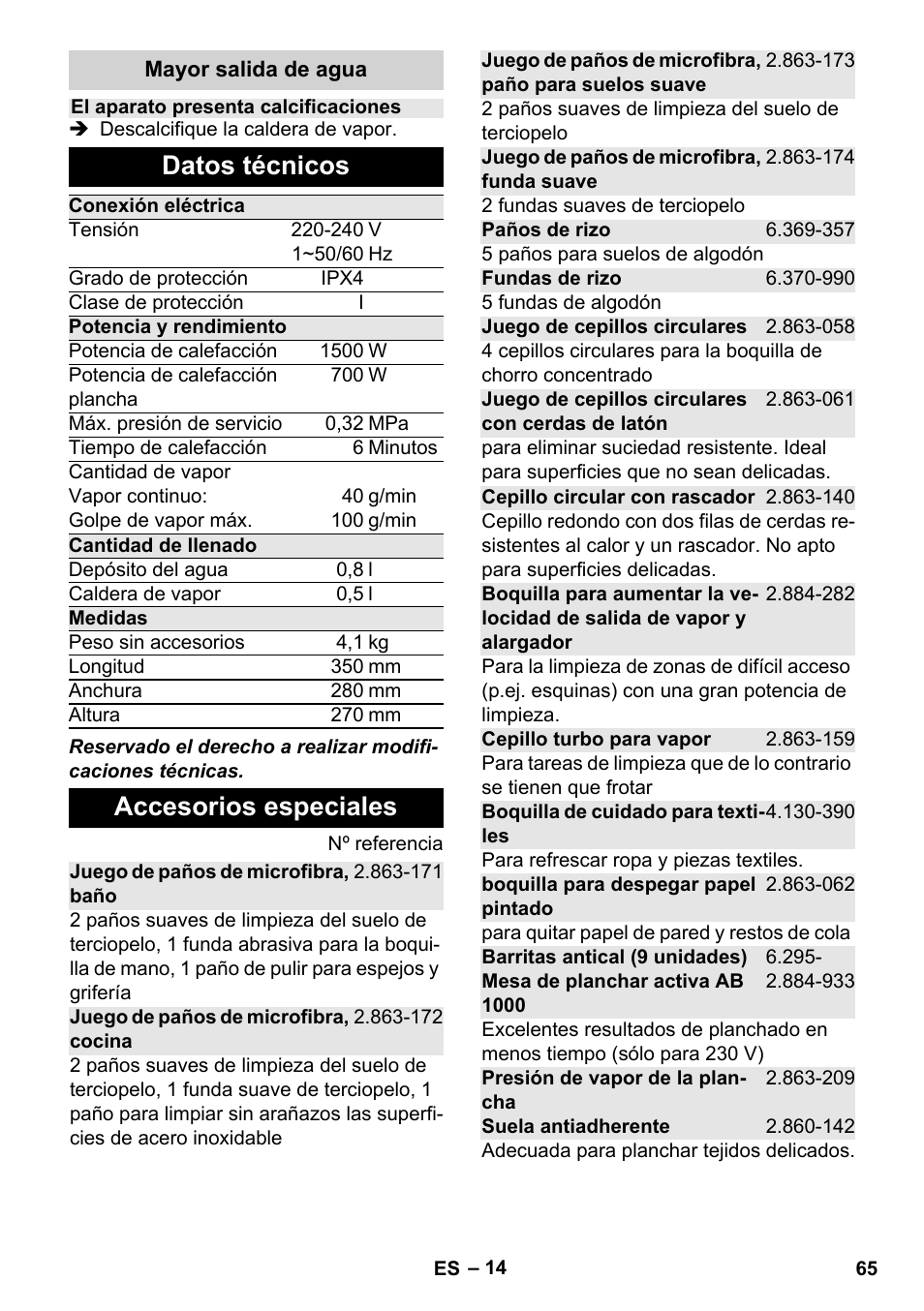Datos técnicos, Accesorios especiales | Karcher Stirerie SI 2-600 CB User Manual | Page 65 / 286