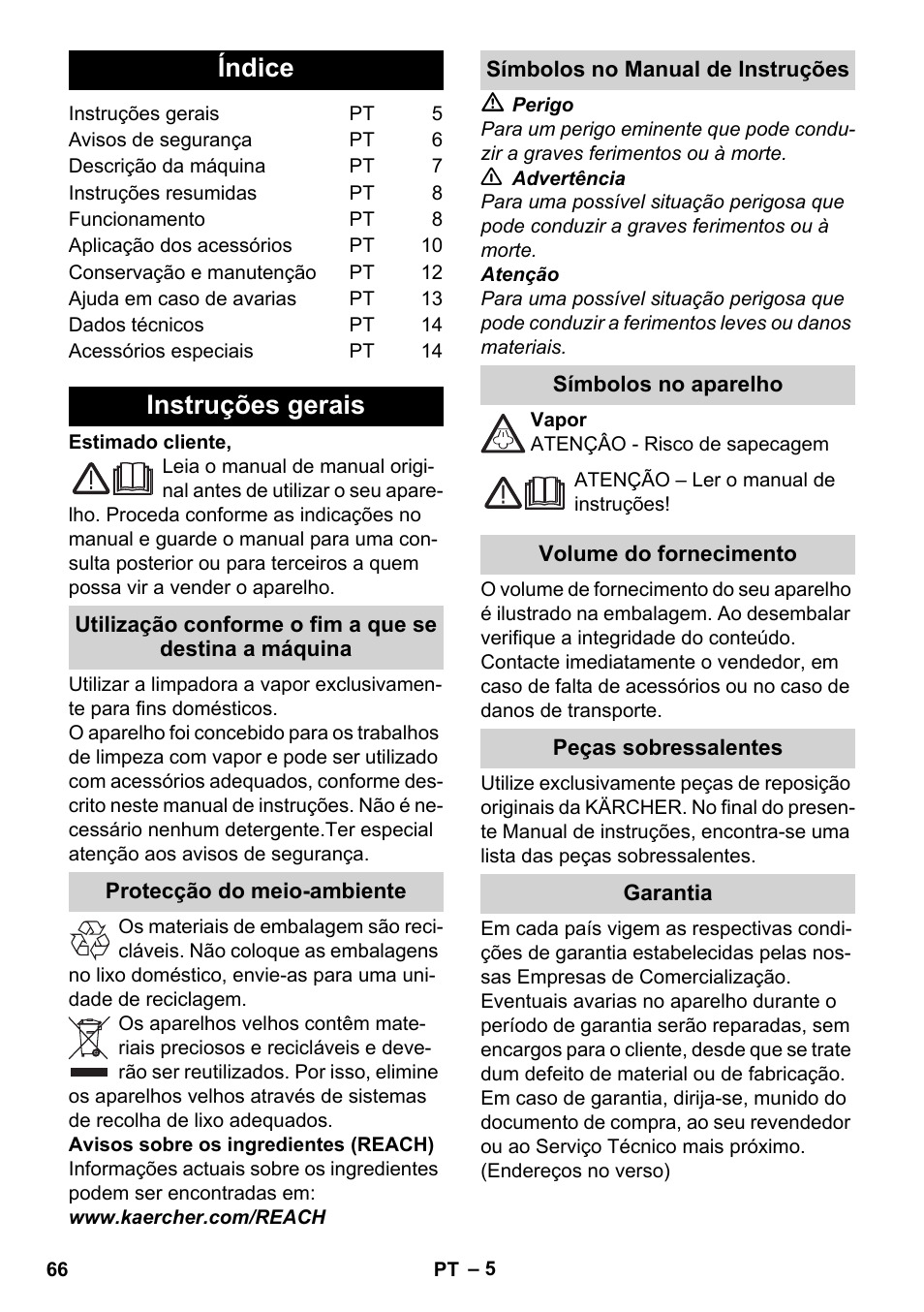 Português, Índice, Instruções gerais | Karcher Stirerie SI 2-600 CB User Manual | Page 66 / 286