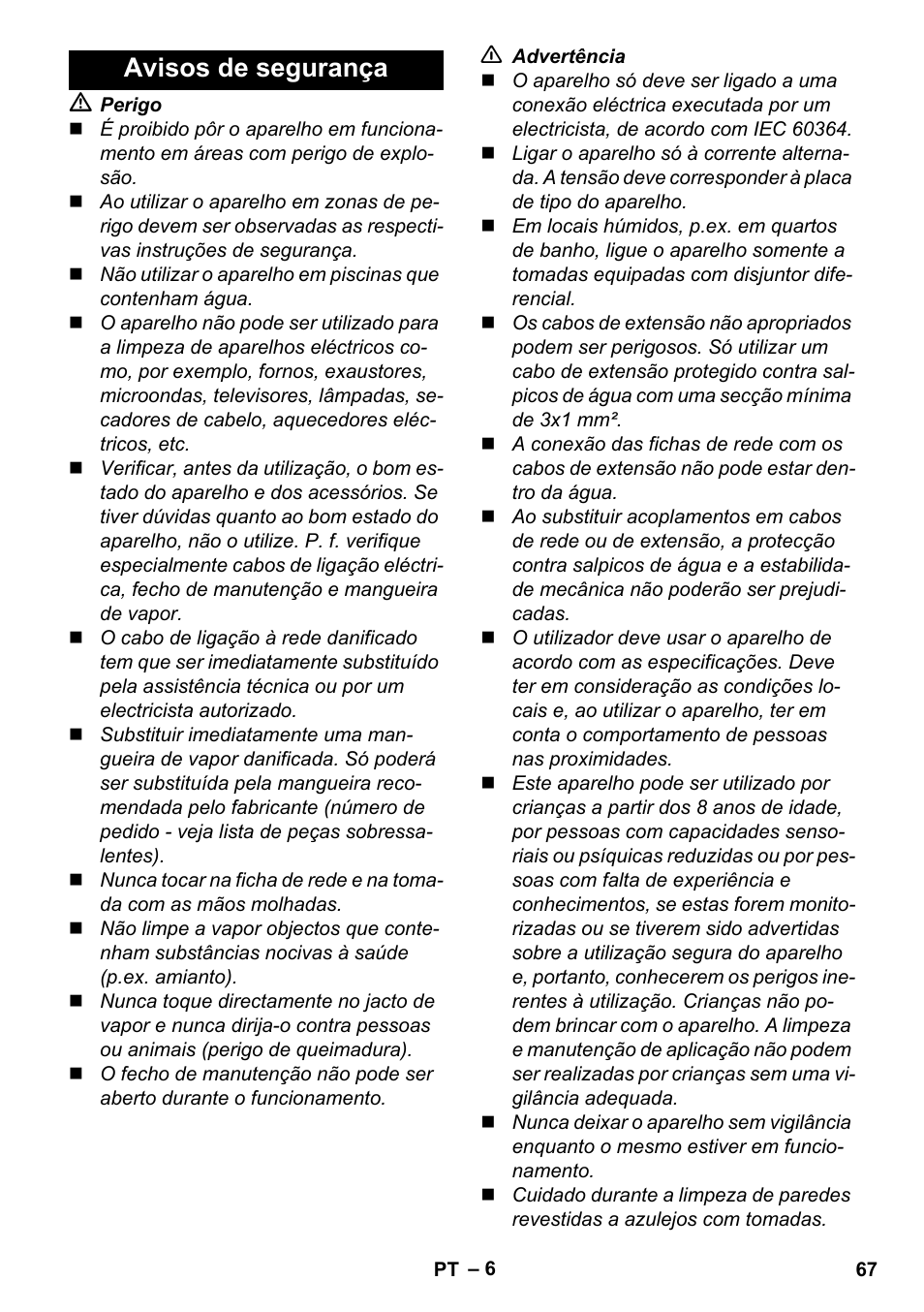 Avisos de segurança | Karcher Stirerie SI 2-600 CB User Manual | Page 67 / 286