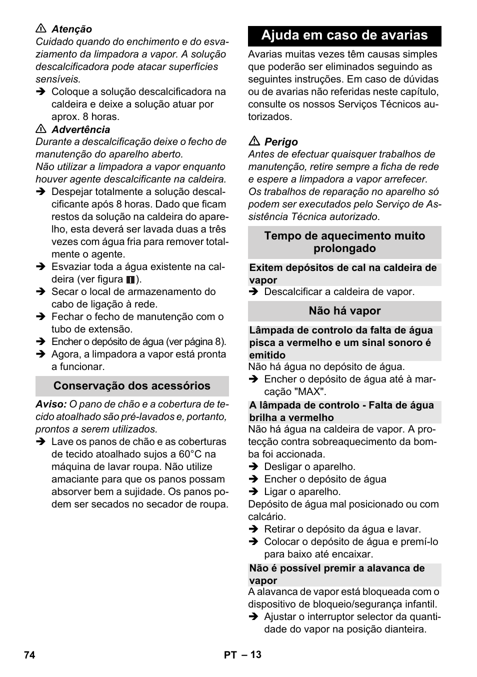 Ajuda em caso de avarias | Karcher Stirerie SI 2-600 CB User Manual | Page 74 / 286