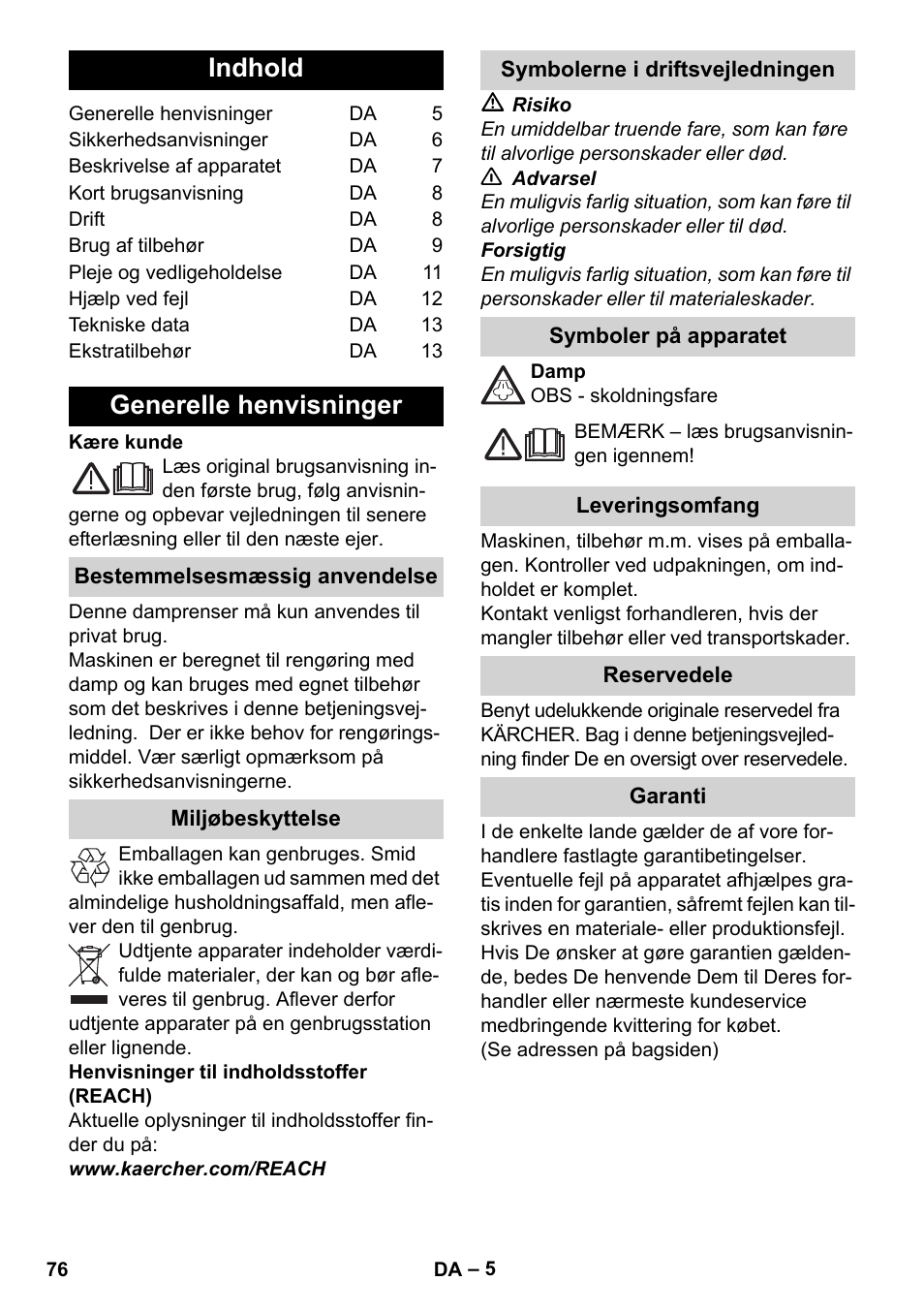 Dansk, Indhold, Generelle henvisninger | Karcher Stirerie SI 2-600 CB User Manual | Page 76 / 286