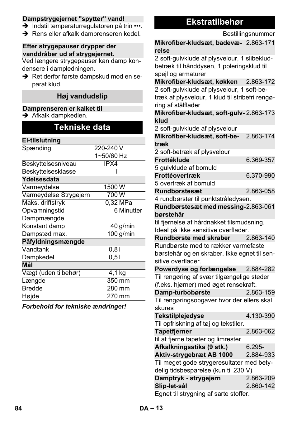 Tekniske data, Ekstratilbehør | Karcher Stirerie SI 2-600 CB User Manual | Page 84 / 286