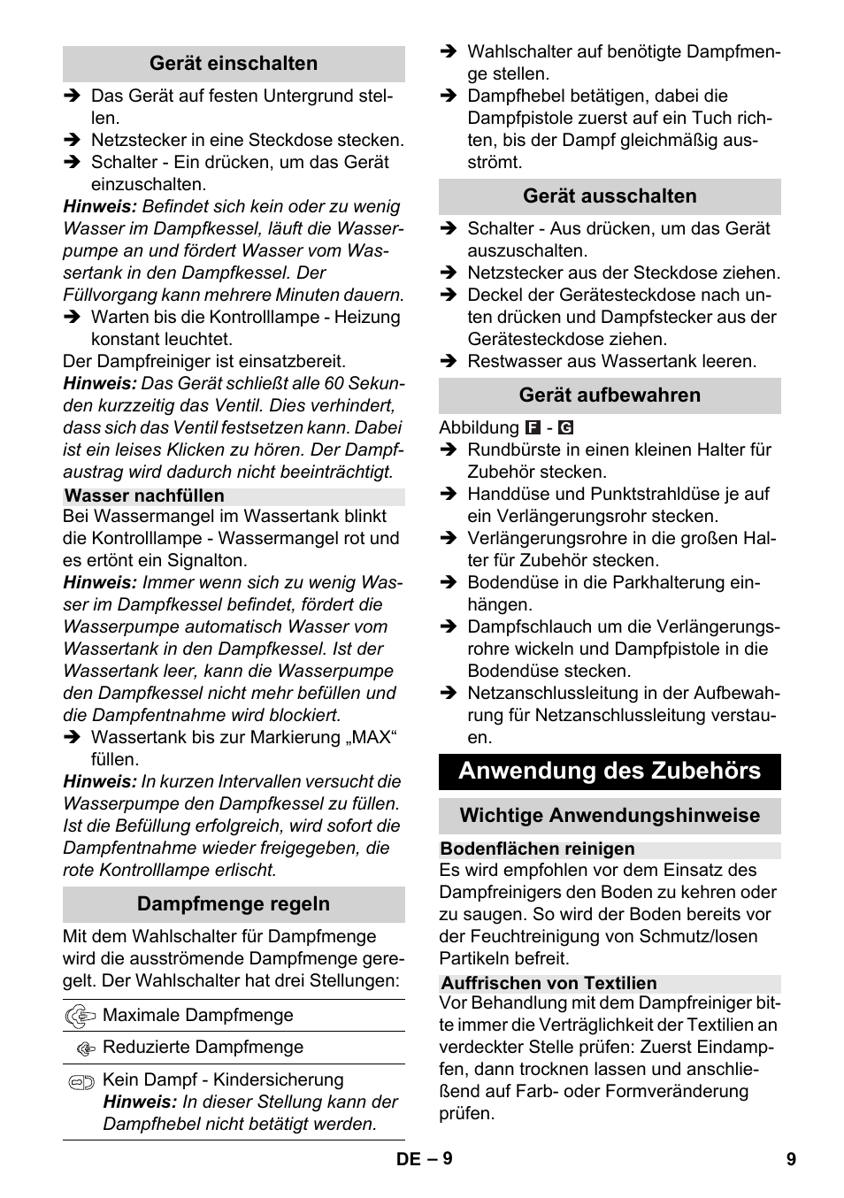 Anwendung des zubehörs | Karcher Stirerie SI 2-600 CB User Manual | Page 9 / 286