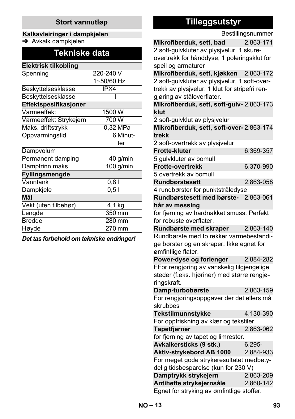 Tekniske data, Tilleggsutstyr | Karcher Stirerie SI 2-600 CB User Manual | Page 93 / 286