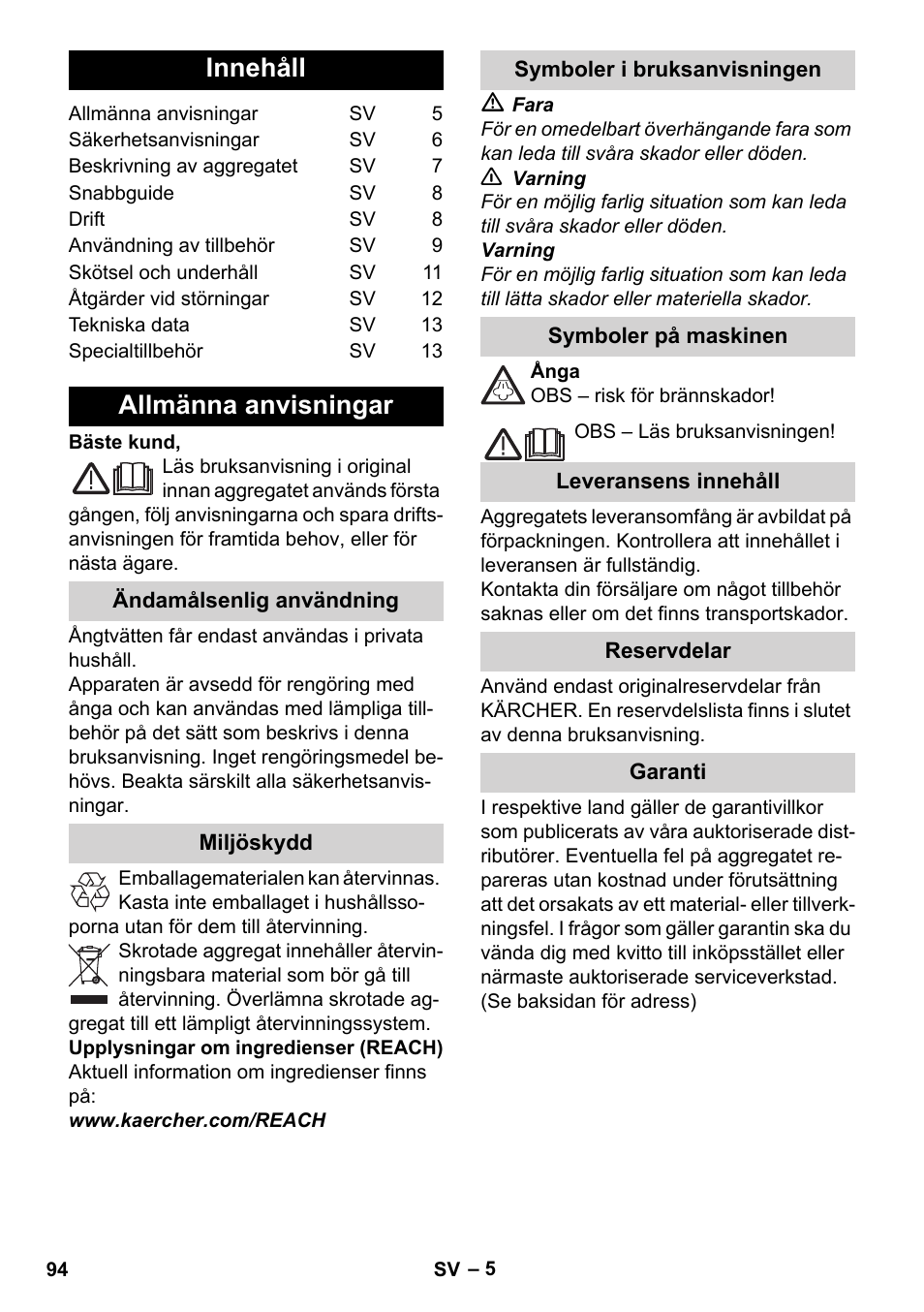 Svenska, Innehåll, Allmänna anvisningar | Karcher Stirerie SI 2-600 CB User Manual | Page 94 / 286