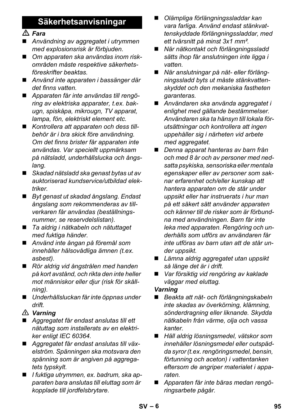 Säkerhetsanvisningar | Karcher Stirerie SI 2-600 CB User Manual | Page 95 / 286