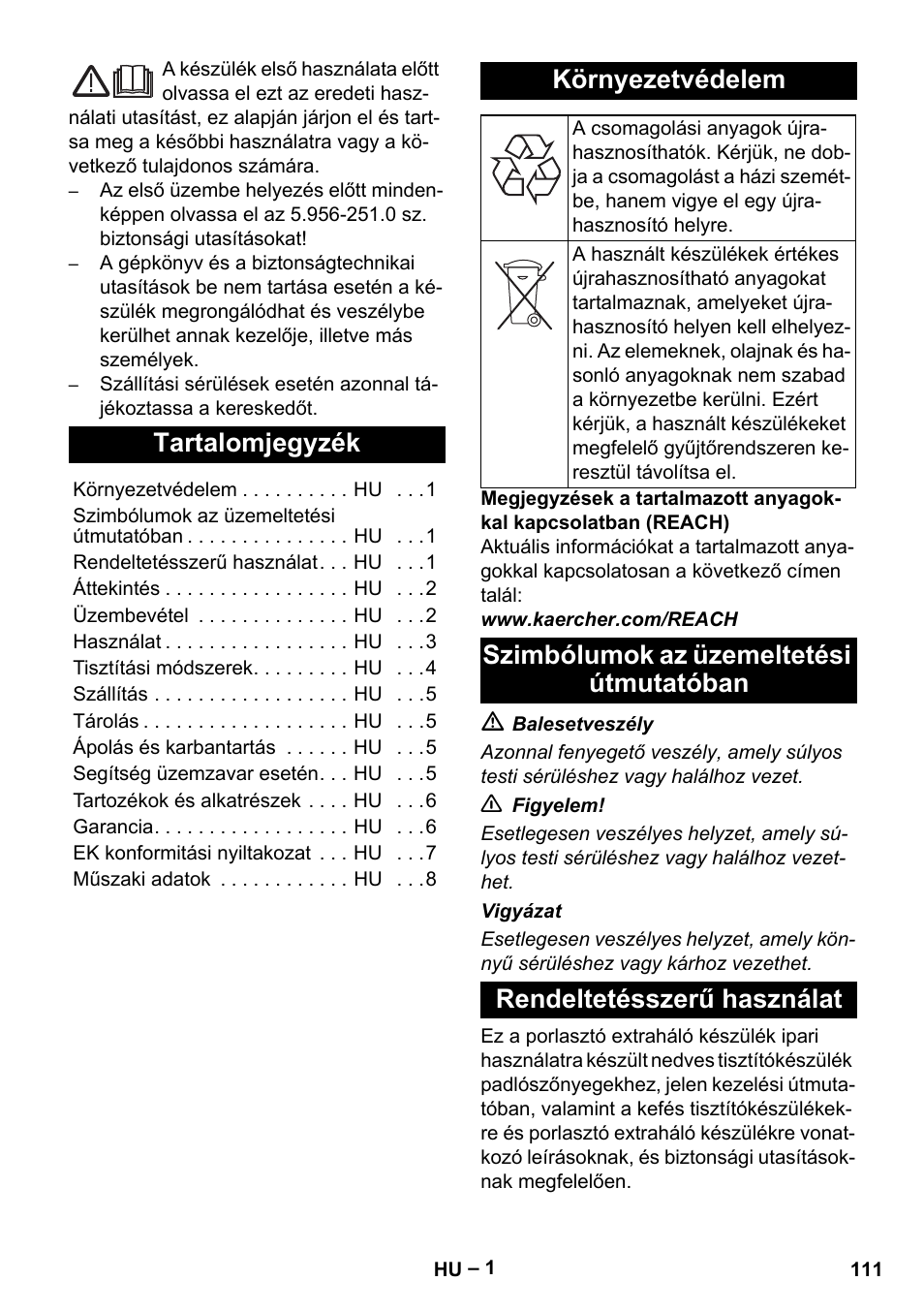 Magyar, Tartalomjegyzék, Környezetvédelem | Szimbólumok az üzemeltetési útmutatóban, Rendeltetésszerű használat | Karcher PUZZI 10-1 User Manual | Page 111 / 216