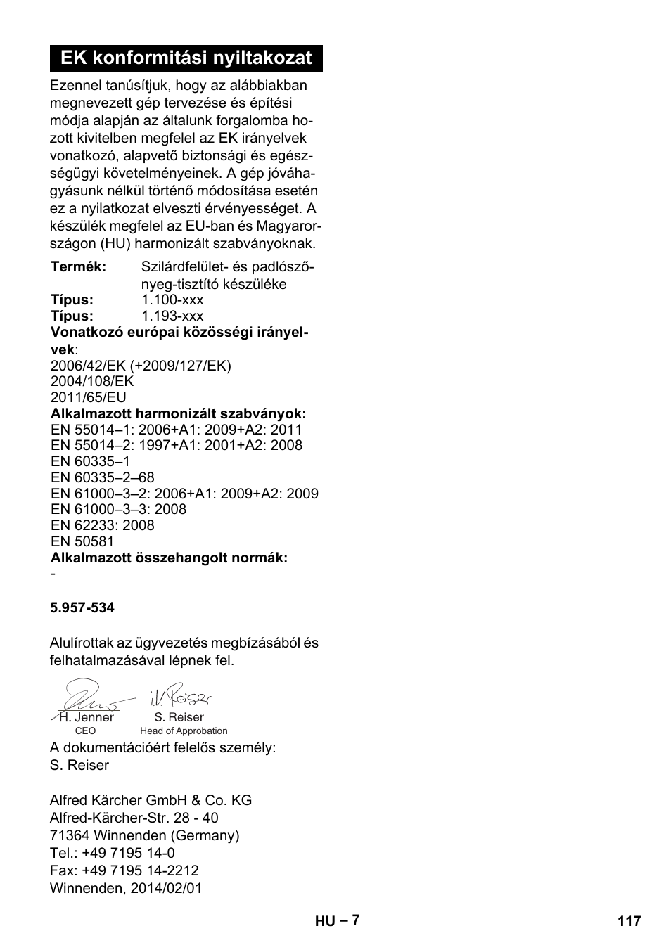 Ek konformitási nyiltakozat | Karcher PUZZI 10-1 User Manual | Page 117 / 216