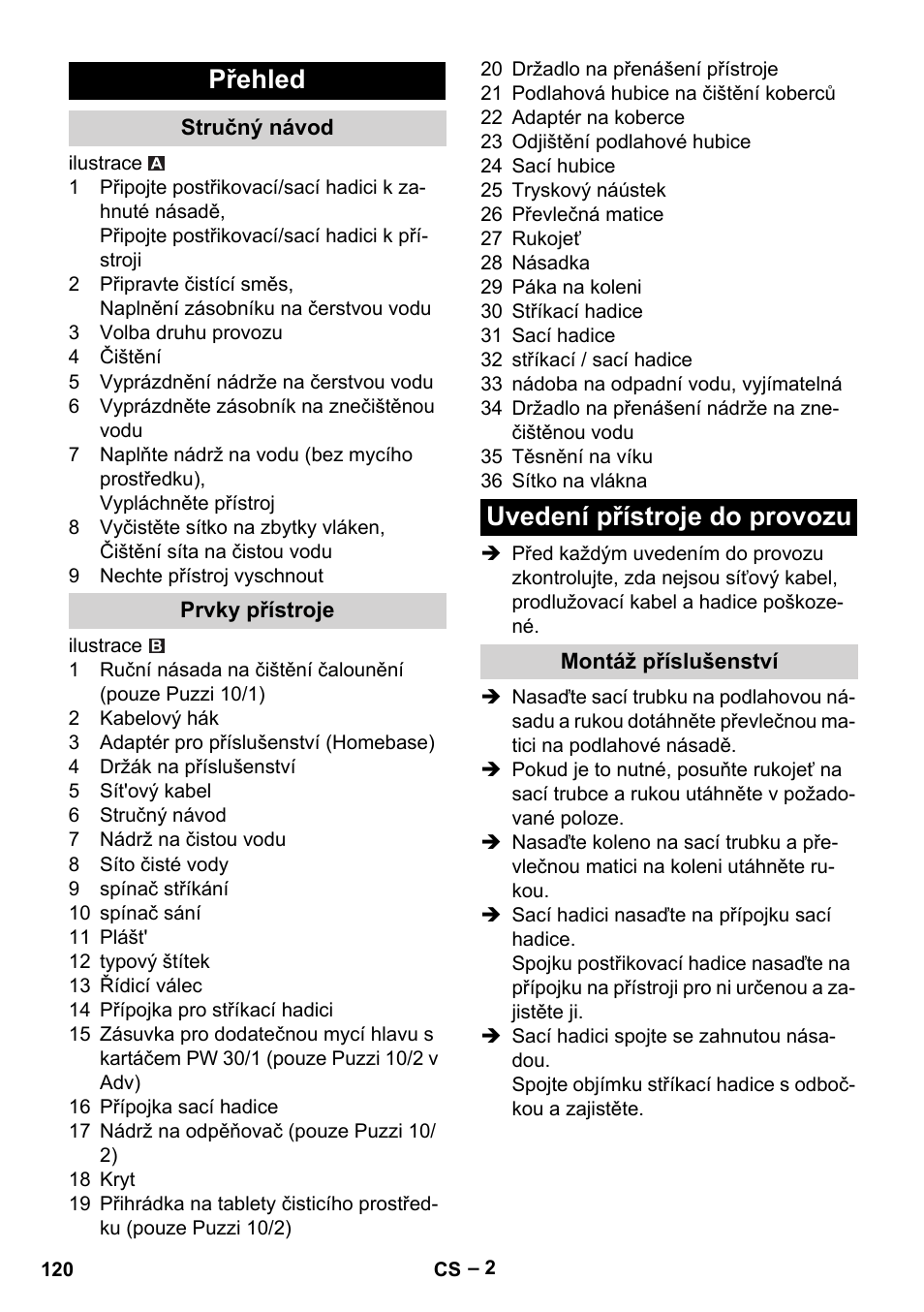 Přehled, Stručný návod, Prvky přístroje | Uvedení přístroje do provozu, Montáž příslušenství | Karcher PUZZI 10-1 User Manual | Page 120 / 216