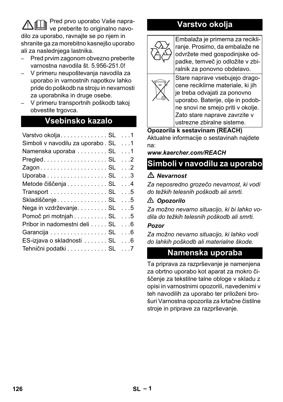 Slovenščina, Vsebinsko kazalo, Varstvo okolja | Simboli v navodilu za uporabo, Namenska uporaba, Simboli v navodilu za uporabo namenska uporaba | Karcher PUZZI 10-1 User Manual | Page 126 / 216
