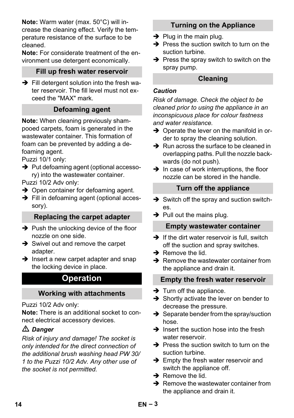 Fill up fresh water reservoir, Defoaming agent, Replacing the carpet adapter | Operation, Working with attachments, Turning on the appliance, Cleaning, Turn off the appliance, Empty wastewater container, Empty the fresh water reservoir | Karcher PUZZI 10-1 User Manual | Page 14 / 216