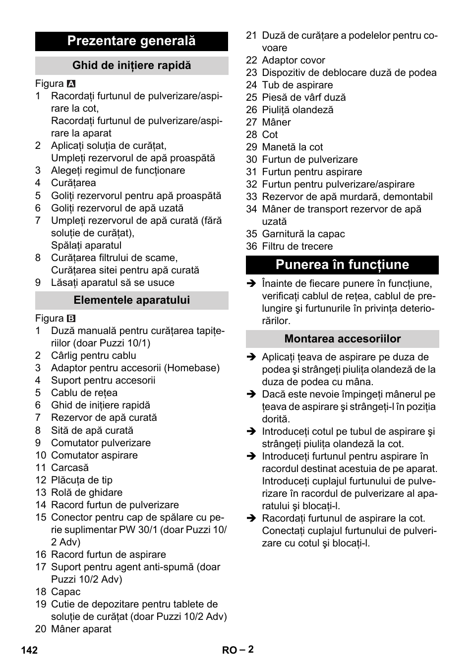 Prezentare generală, Ghid de iniţiere rapidă, Elementele aparatului | Punerea în funcţiune, Montarea accesoriilor | Karcher PUZZI 10-1 User Manual | Page 142 / 216