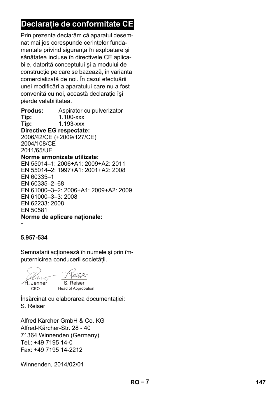 Declaraţie de conformitate ce | Karcher PUZZI 10-1 User Manual | Page 147 / 216