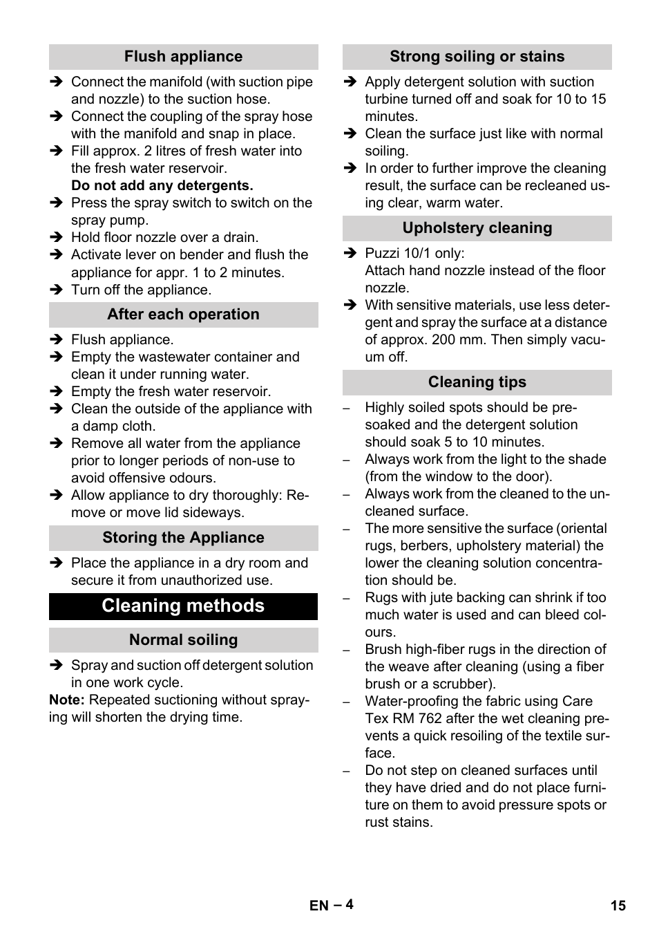 Flush appliance, After each operation, Storing the appliance | Cleaning methods, Normal soiling, Strong soiling or stains, Upholstery cleaning, Cleaning tips | Karcher PUZZI 10-1 User Manual | Page 15 / 216