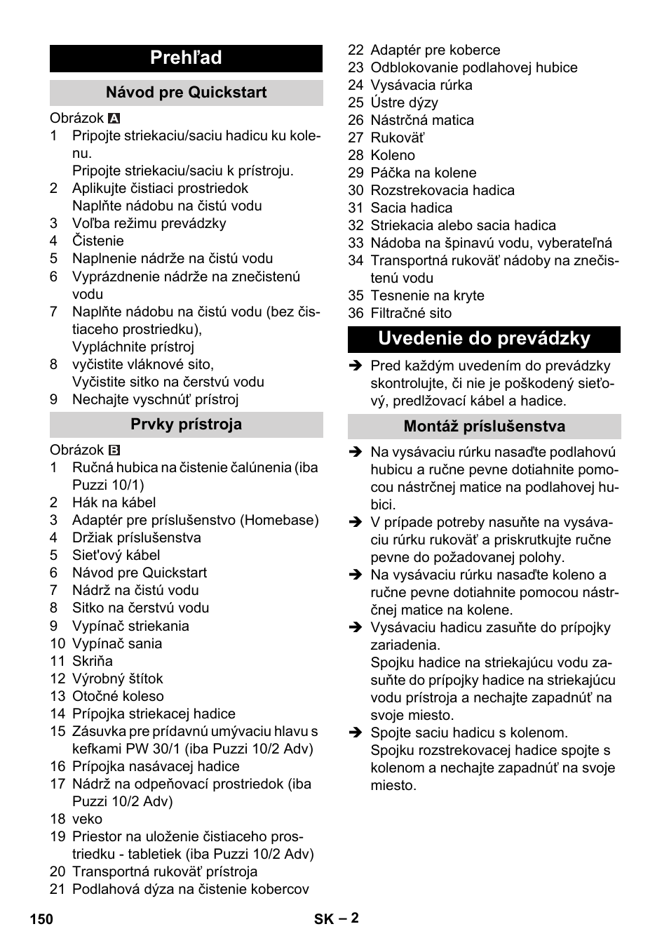 Prehľad, Návod pre quickstart, Prvky prístroja | Uvedenie do prevádzky, Montáž príslušenstva | Karcher PUZZI 10-1 User Manual | Page 150 / 216