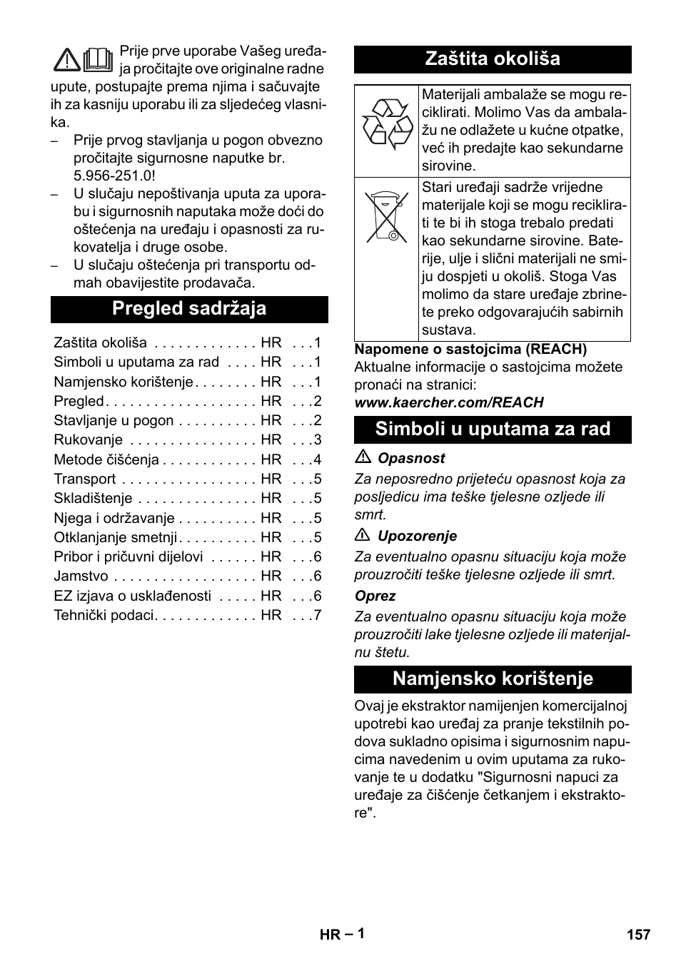 Hrvatski, Pregled sadržaja, Zaštita okoliša | Simboli u uputama za rad, Namjensko korištenje, Simboli u uputama za rad namjensko korištenje | Karcher PUZZI 10-1 User Manual | Page 157 / 216