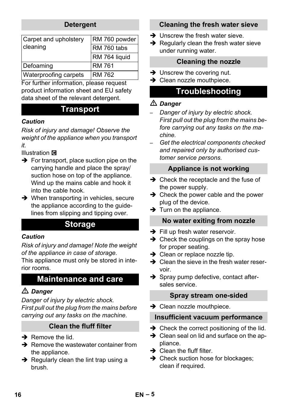 Detergent, Transport, Storage | Maintenance and care, Clean the fluff filter, Cleaning the fresh water sieve, Cleaning the nozzle, Troubleshooting, Appliance is not working, No water exiting from nozzle | Karcher PUZZI 10-1 User Manual | Page 16 / 216