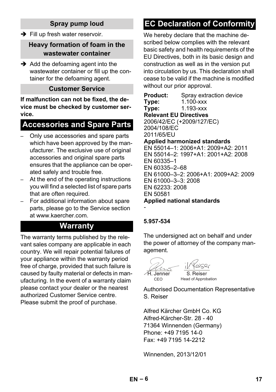 Spray pump loud, Customer service, Accessories and spare parts | Warranty, Ec declaration of conformity | Karcher PUZZI 10-1 User Manual | Page 17 / 216