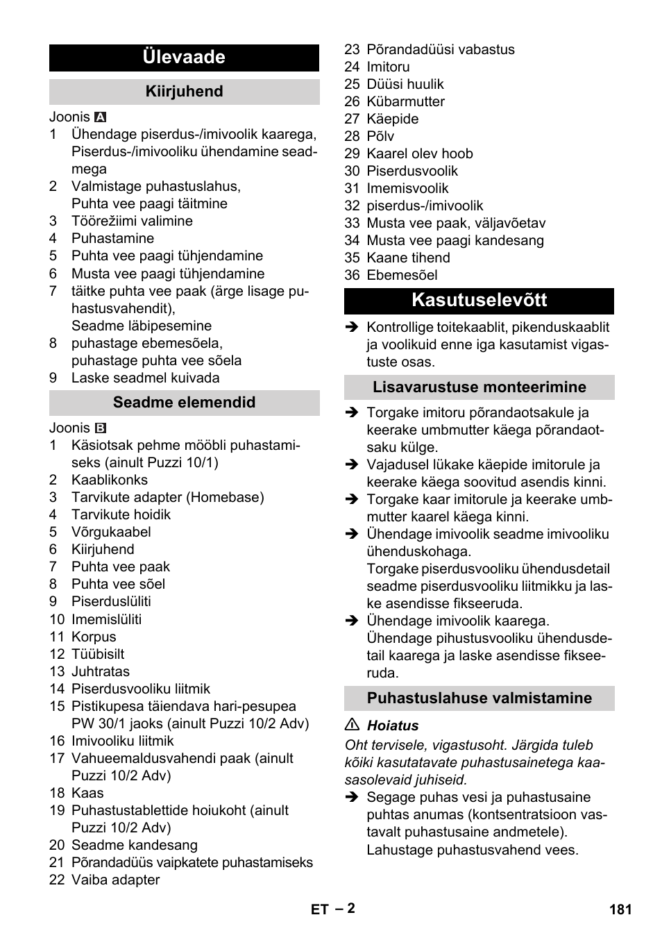 Ülevaade, Kiirjuhend, Seadme elemendid | Kasutuselevõtt, Lisavarustuse monteerimine, Puhastuslahuse valmistamine | Karcher PUZZI 10-1 User Manual | Page 181 / 216