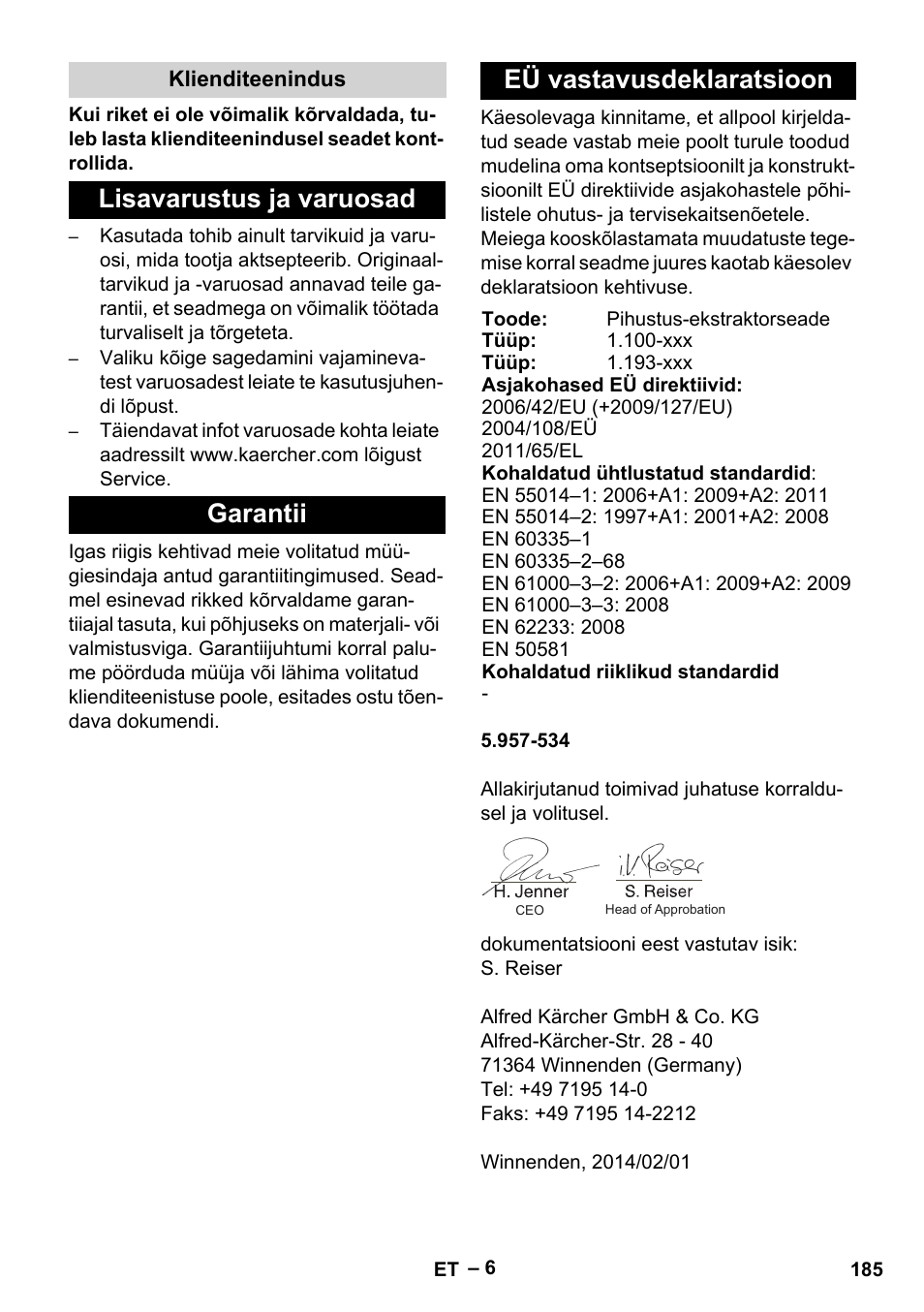 Klienditeenindus, Lisavarustus ja varuosad, Garantii | Eü vastavusdeklaratsioon | Karcher PUZZI 10-1 User Manual | Page 185 / 216
