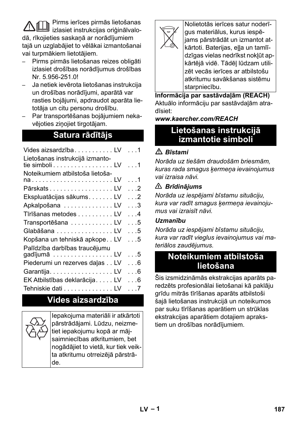 Latviešu, Satura rādītājs, Vides aizsardzība | Lietošanas instrukcijā izmantotie simboli, Noteikumiem atbilstoša lietošana | Karcher PUZZI 10-1 User Manual | Page 187 / 216
