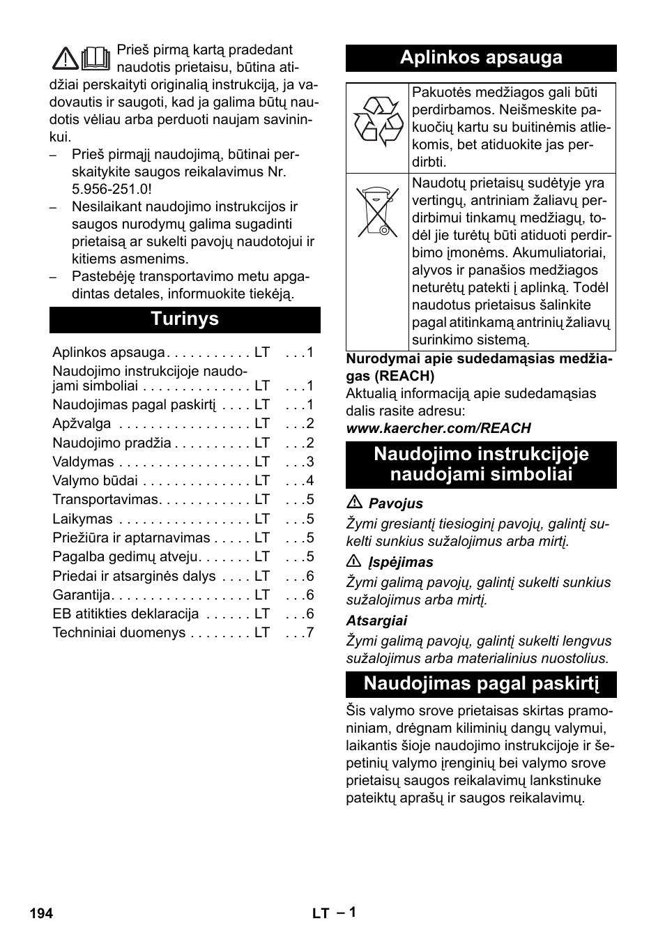 Lietuviškai, Turinys, Aplinkos apsauga | Naudojimo instrukcijoje naudojami simboliai, Naudojimas pagal paskirtį | Karcher PUZZI 10-1 User Manual | Page 194 / 216