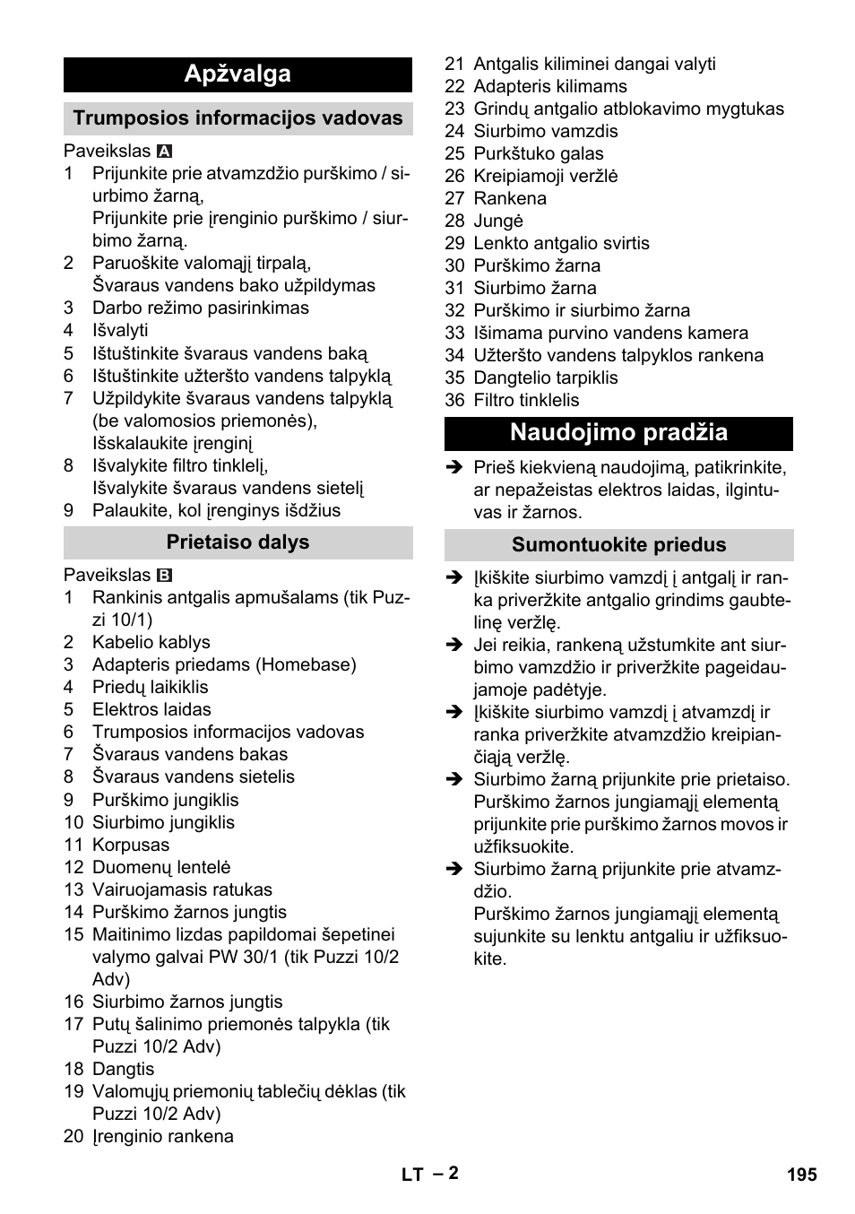 Apžvalga, Trumposios informacijos vadovas, Prietaiso dalys | Naudojimo pradžia, Sumontuokite priedus | Karcher PUZZI 10-1 User Manual | Page 195 / 216