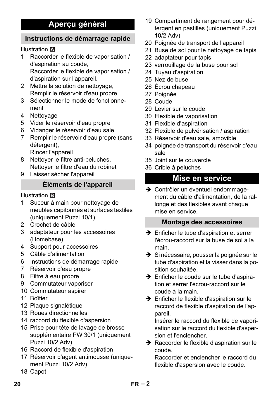 Aperçu général, Instructions de démarrage rapide, Éléments de l'appareil | Mise en service, Montage des accessoires | Karcher PUZZI 10-1 User Manual | Page 20 / 216