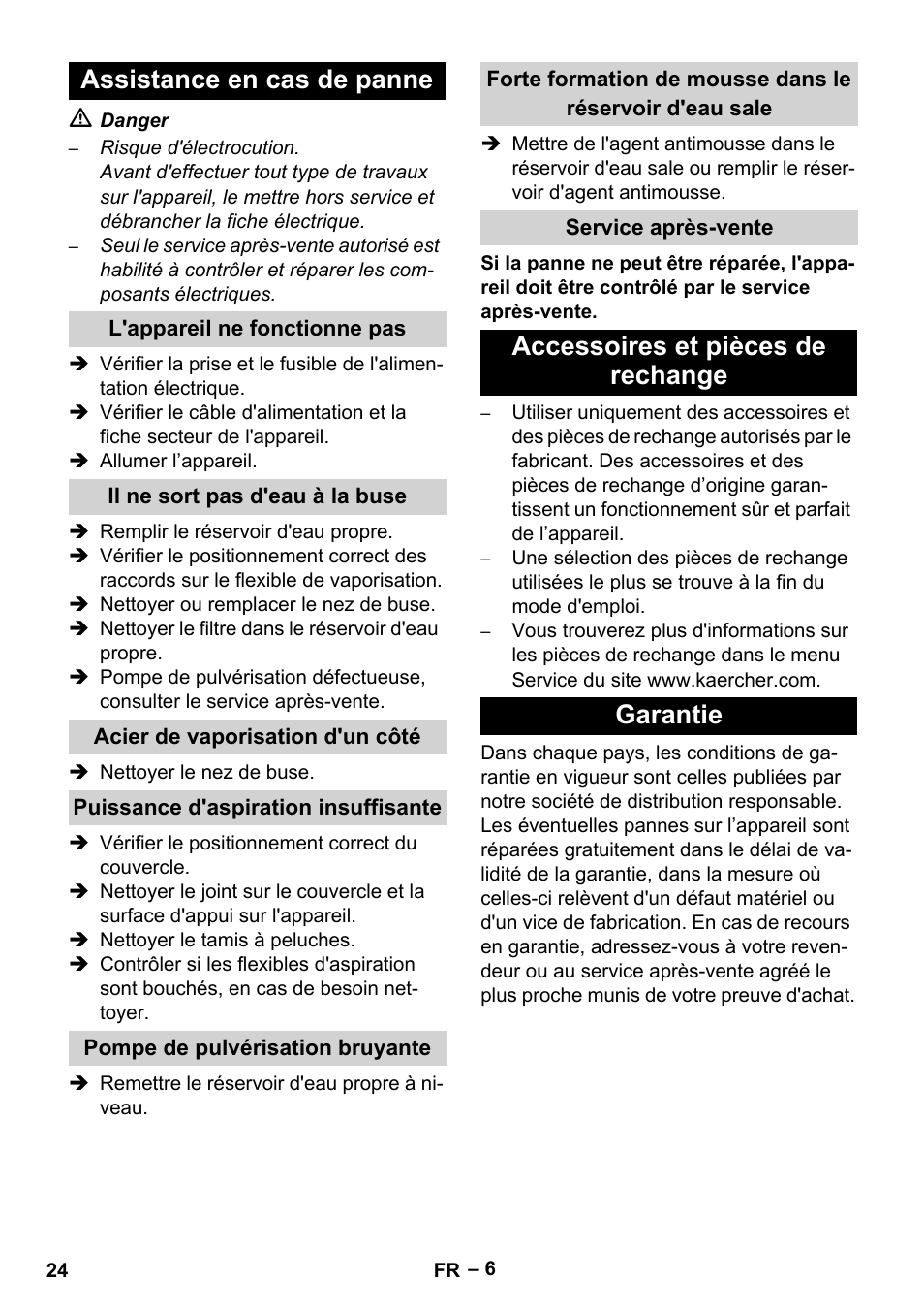 Assistance en cas de panne, L'appareil ne fonctionne pas, Il ne sort pas d'eau à la buse | Acier de vaporisation d'un côté, Puissance d'aspiration insuffisante, Pompe de pulvérisation bruyante, Service après-vente, Accessoires et pièces de rechange, Garantie, Accessoires et pièces de rechange garantie | Karcher PUZZI 10-1 User Manual | Page 24 / 216