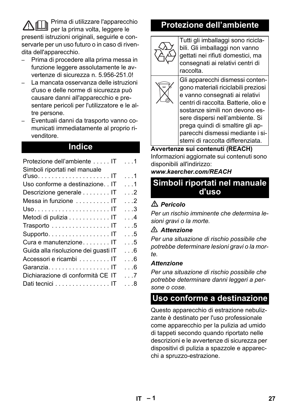 Italiano, Indice, Protezione dell’ambiente | Simboli riportati nel manuale d'uso, Uso conforme a destinazione | Karcher PUZZI 10-1 User Manual | Page 27 / 216