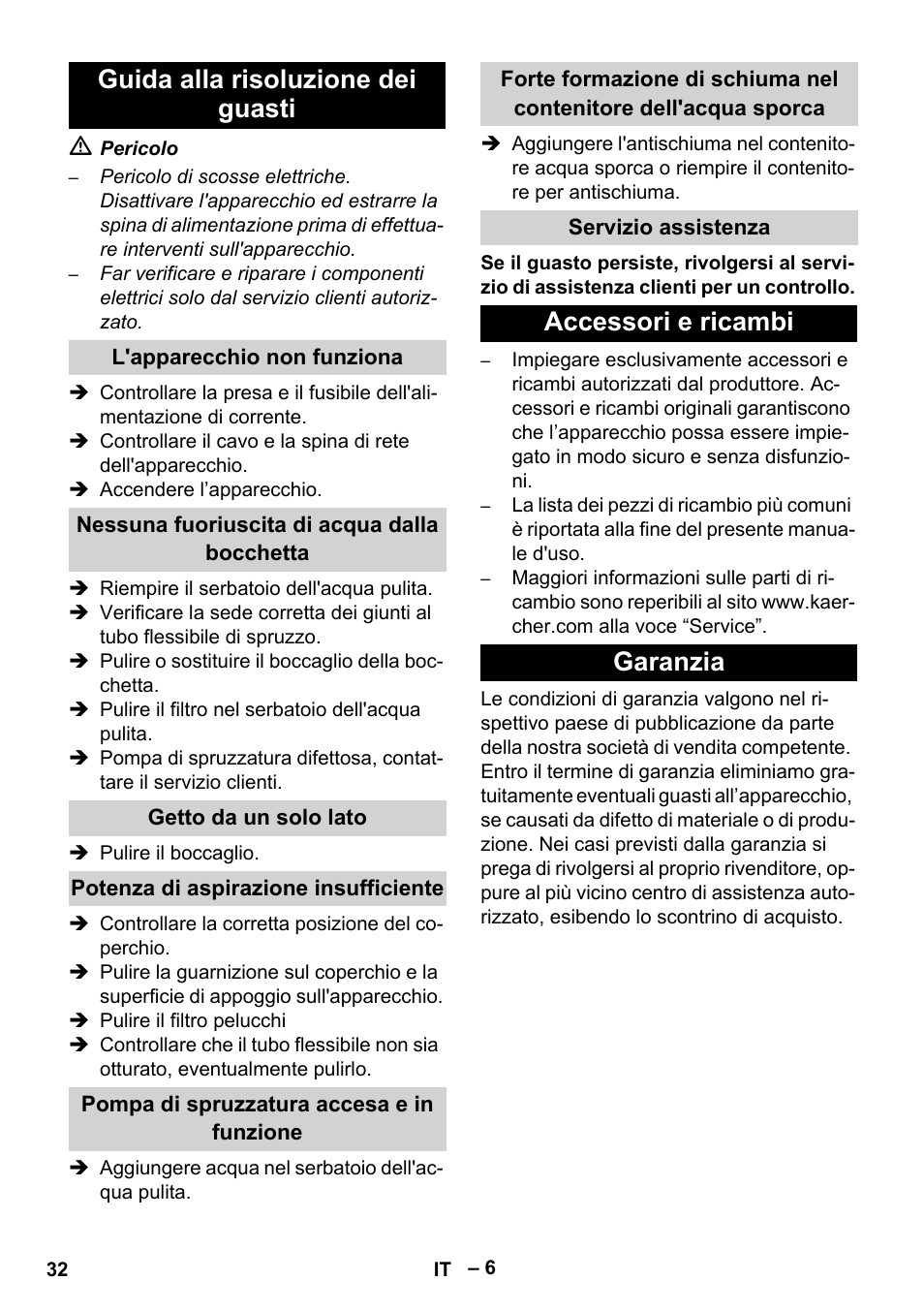 Guida alla risoluzione dei guasti, L'apparecchio non funziona, Nessuna fuoriuscita di acqua dalla bocchetta | Getto da un solo lato, Potenza di aspirazione insufficiente, Pompa di spruzzatura accesa e in funzione, Servizio assistenza, Accessori e ricambi, Garanzia, Accessori e ricambi garanzia | Karcher PUZZI 10-1 User Manual | Page 32 / 216