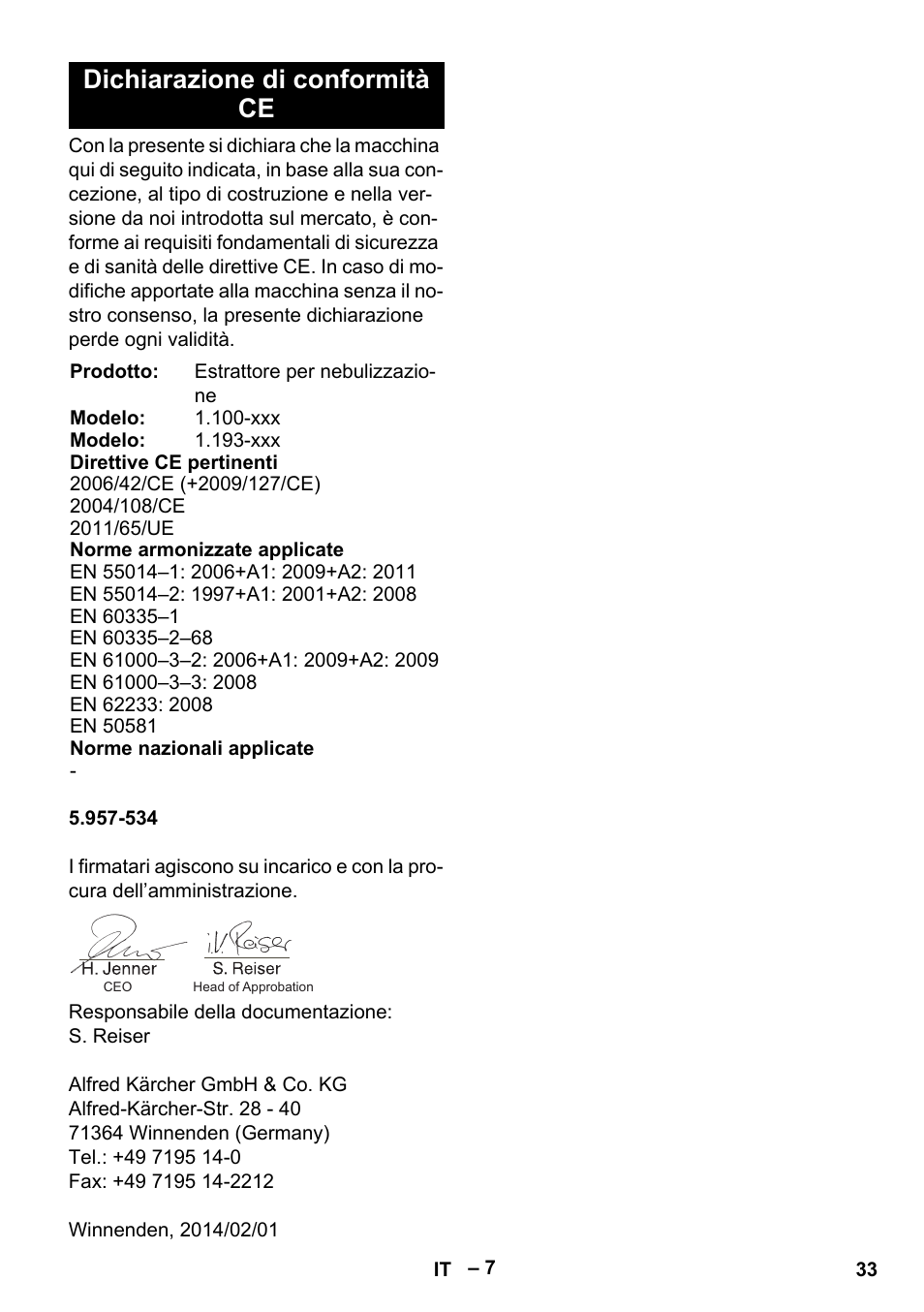 Dichiarazione di conformità ce | Karcher PUZZI 10-1 User Manual | Page 33 / 216