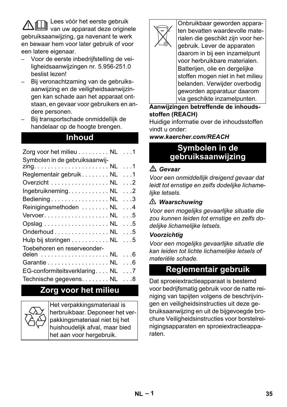 Nederlands, Inhoud, Zorg voor het milieu | Symbolen in de gebruiksaanwijzing, Reglementair gebruik | Karcher PUZZI 10-1 User Manual | Page 35 / 216