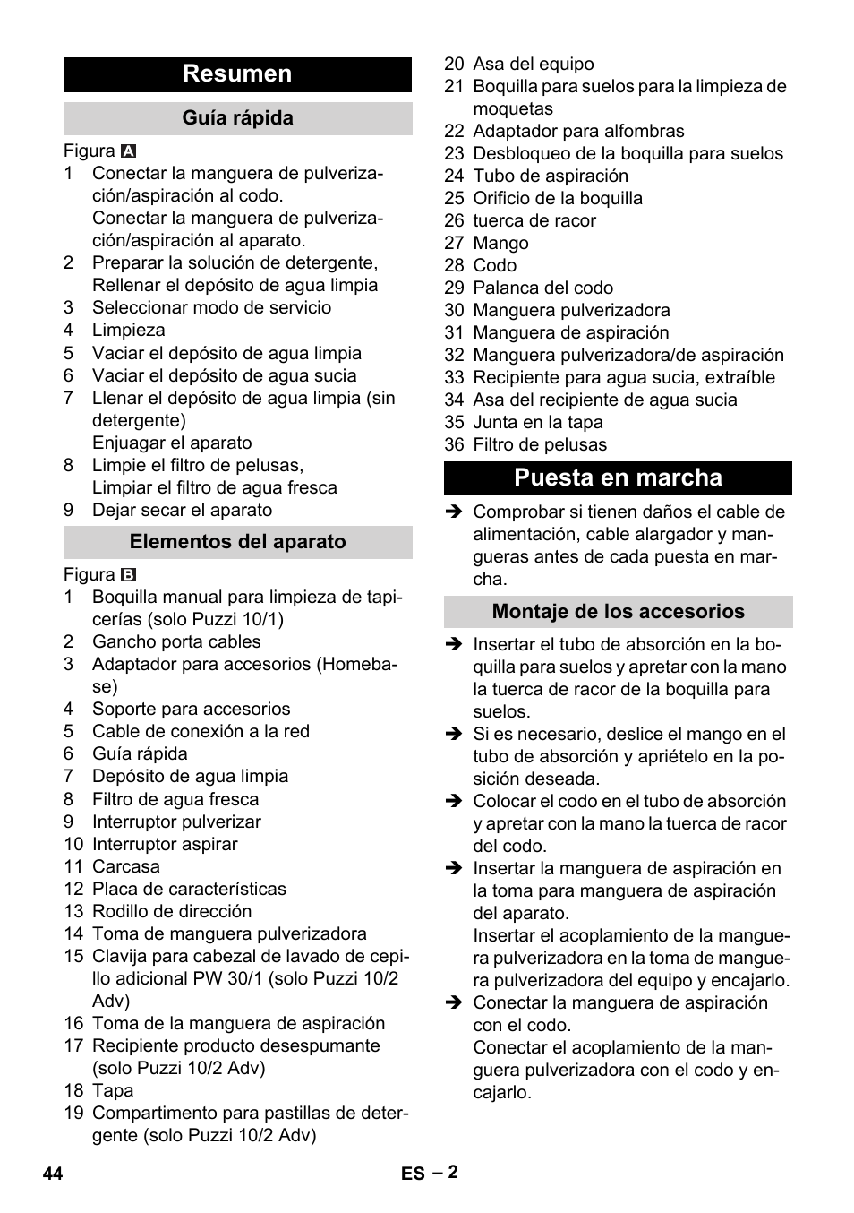 Resumen, Guía rápida, Elementos del aparato | Puesta en marcha, Montaje de los accesorios | Karcher PUZZI 10-1 User Manual | Page 44 / 216