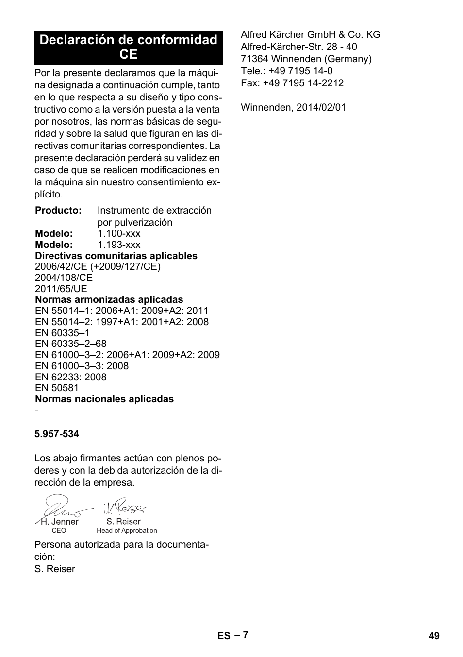 Declaración de conformidad ce | Karcher PUZZI 10-1 User Manual | Page 49 / 216