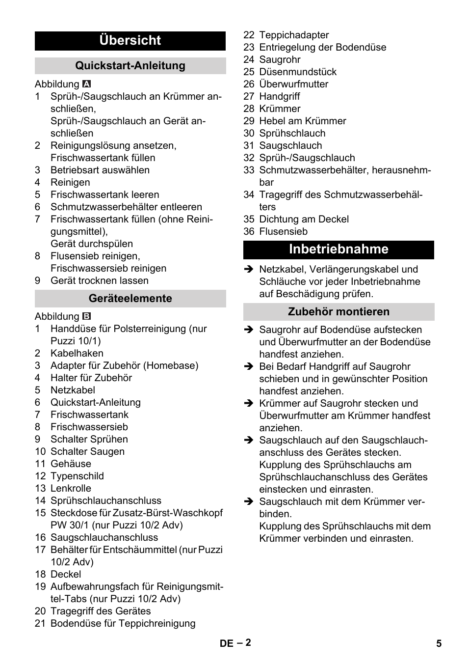 Übersicht, Quickstart-anleitung, Geräteelemente | Inbetriebnahme, Zubehör montieren | Karcher PUZZI 10-1 User Manual | Page 5 / 216