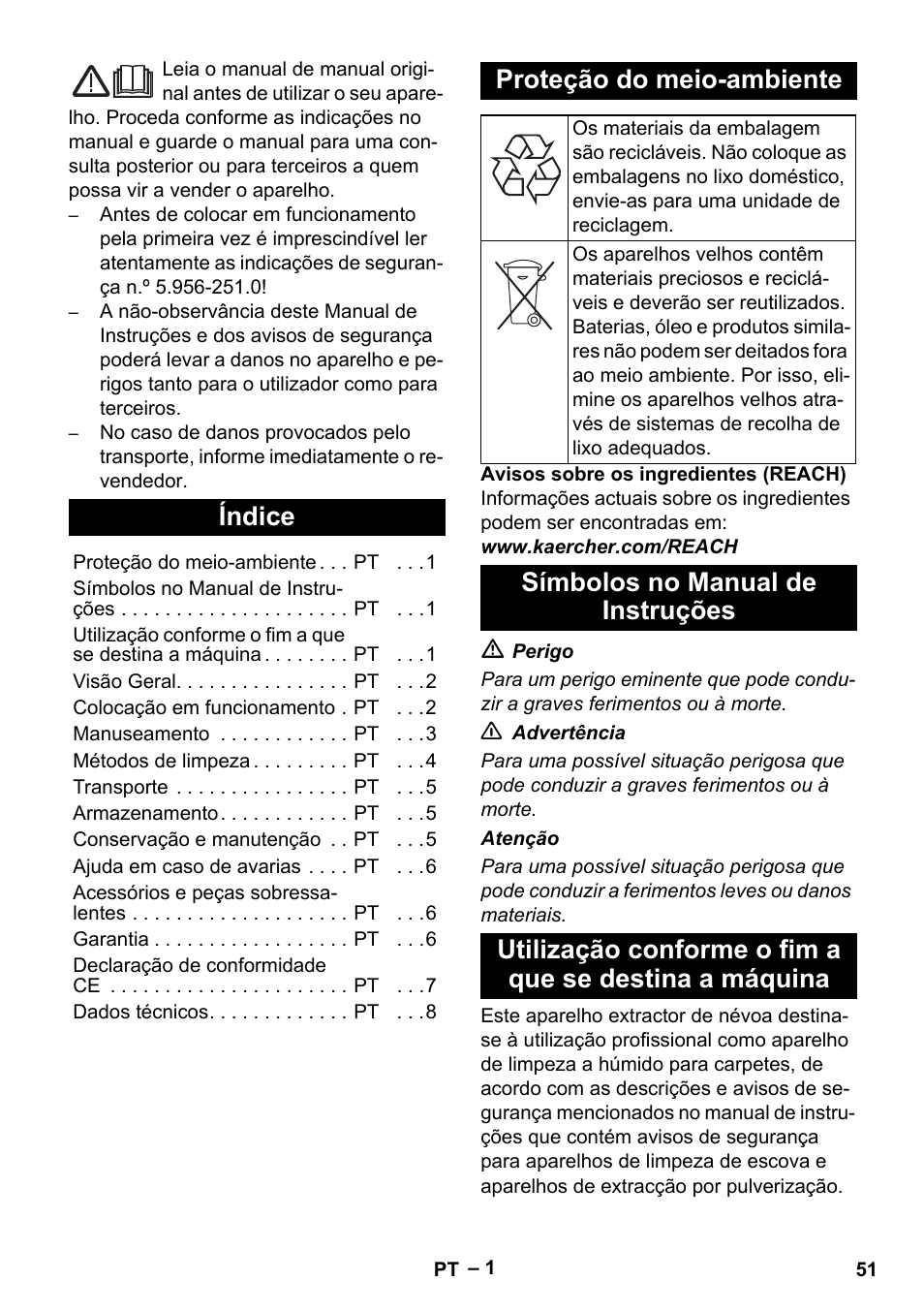 Português, Índice, Proteção do meio-ambiente | Símbolos no manual de instruções | Karcher PUZZI 10-1 User Manual | Page 51 / 216